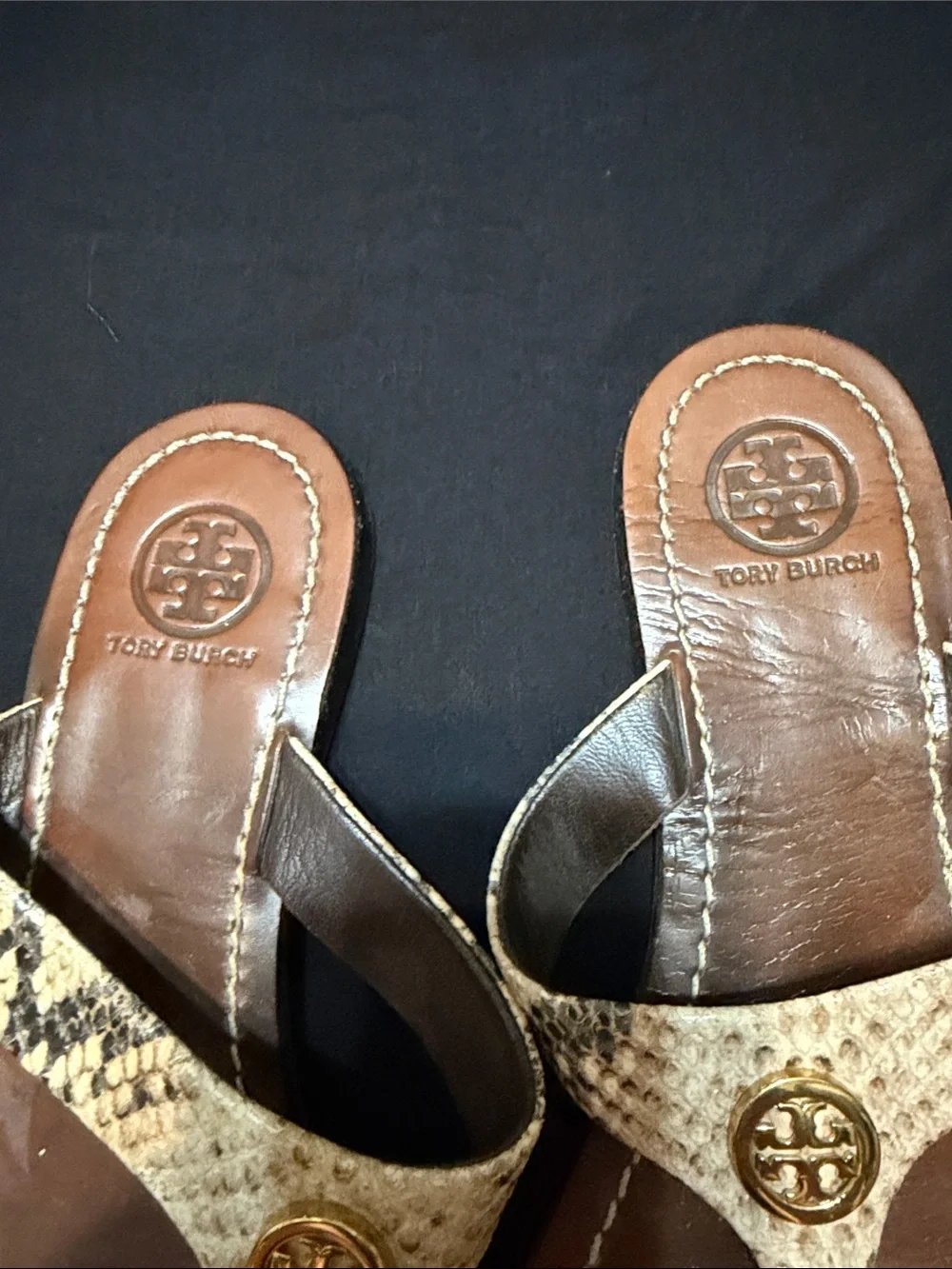 Tory Burch Brown Snakeskin-Pattern Thong Sandals with Gold Logo